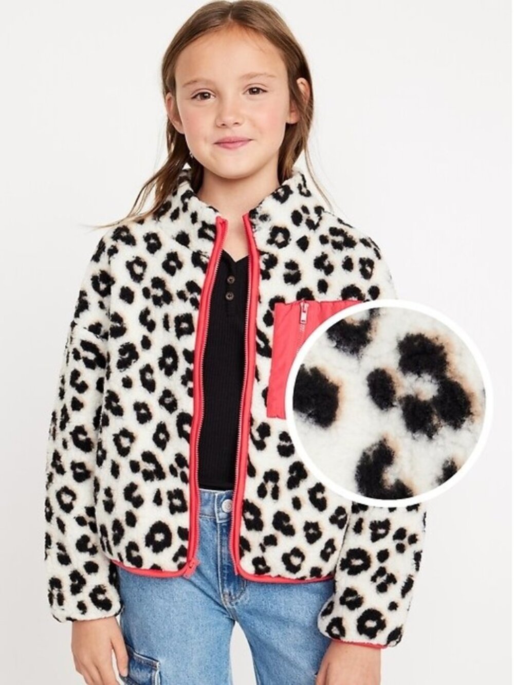 Old Navy Girl's Snow Leopard Full Zip Cozy Sherpa Jacket Side Pockets Zip Pocket